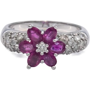 14k White Gold Round Diamond and Oval Cut Ruby Flower Ring 1.95ct Size 6.75