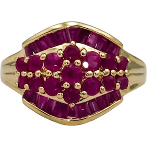 14k Yellow Gold Round and Baguette Cut Ruby Cocktail Ring 1.50ct Size 9.25