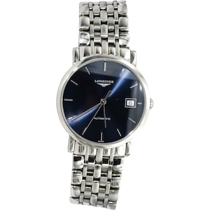 May include: A silver-tone stainless steel wristwatch featuring a round dark blue dial with silver-tone hour markers and hands. The dial displays the Longines logo, the word Automatic, and a date window showing the number 6. It has a link bracelet.