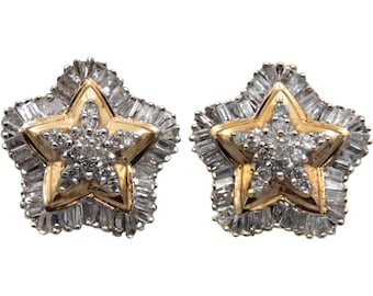 Clous d'oreilles ronds en or jaune et blanc 1,50 ct, taille baguette, étoile 10 carats