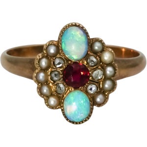 Anello cocktail vittoriano antico in oro 10 carati con taglio a rosa, diamanti, opale, rubino e perla, taglia 7.