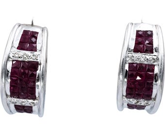 18k White Gold Diamond and Ruby Cluster Curved Earrings 2.70ctw