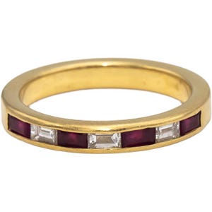 18k Yellow Gold Emerald Cut Ruby and Diamond Band Ring 0.75ctw Size 6.75