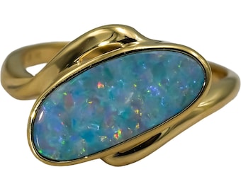 14k Gelbgold Cabochon Bezel Set Opal Solitär Ring Gr. 7,5