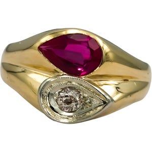 Vintage 14k Yellow Gold Diamond and Synthetic Ruby Ring 0.17ct Size 9.5