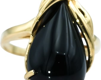 14k Yellow Gold Pear Cabochon Cut Onyx Solitaire Ring Size 7