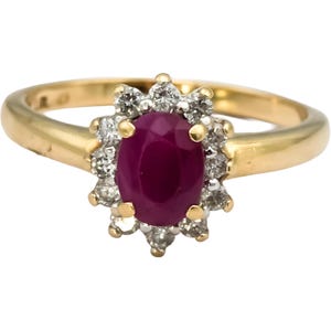 Oval Ruby and Round Diamond 14k Yellow Gold Halo Ring 1.0ct Size 6.75