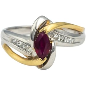 14k Yellow & White Gold Marquise Ruby Round Diamond Ring 0.60ct Size 7.25