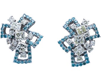 18k White Gold White Light Yellow Blue Flower Earrings 4.50ct