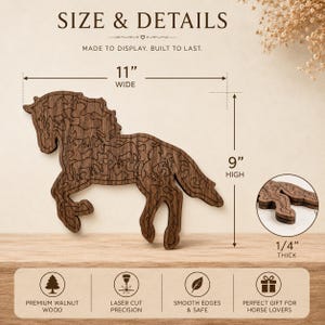 Handcrafted wooden horse puzzle made from walnut plywood featuring detailed laser cut horse silhouettes, includes zippered storage pouch and puzzle solution card.
