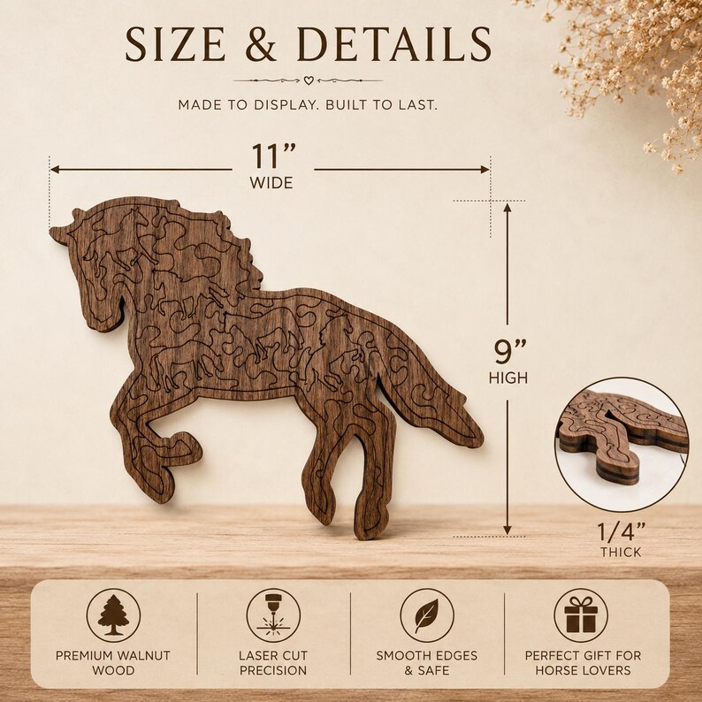 Handcrafted wooden horse puzzle made from walnut plywood featuring detailed laser cut horse silhouettes, includes zippered storage pouch and puzzle solution card.