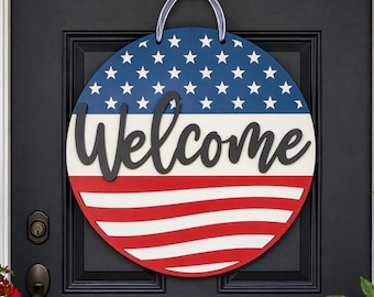Patriotic Door Hanger Welcome Sign Front Porch Americana Wall Hanging Round Wooden American Flag Wreath Alternative Fourth July Memorial Day