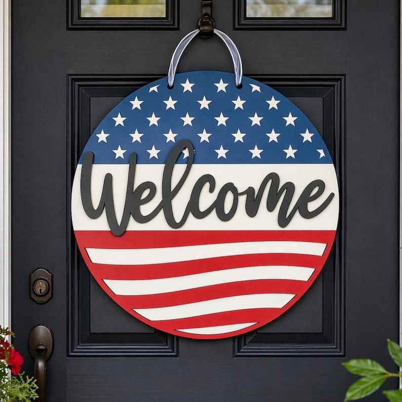 Hand Painted Patriotic Door Hanger Round Wooden Welcome Sign American Flag Design Front Porch Wall Hanging Farmhouse Americana Three Layer Wood Construction Stars Stripes Red White Blue Perfect Fourth July Memorial Day Veterans Day Gift