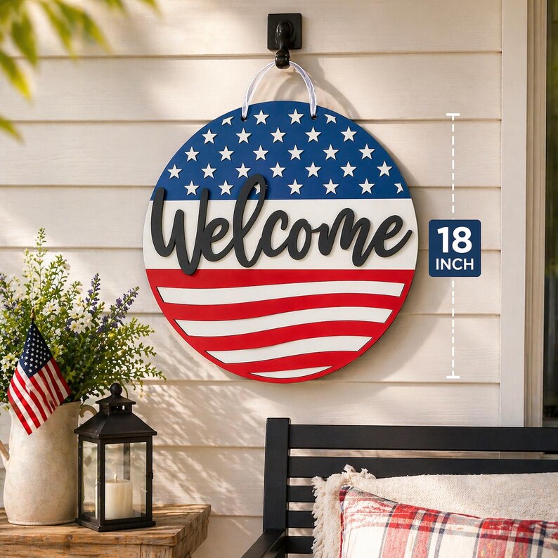 Round Wooden Welcome Sign Patriotic Door Hanger Americana Wall Hanging Front Porch Display American Flag Stars Stripes Design Hand Painted Three Layer Wood Construction Perfect Fourth July Memorial Day Veterans Gift Farmhouse Style Entryway