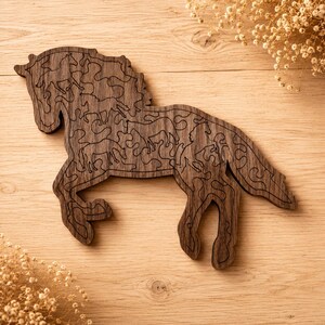 Premium walnut plywood horse puzzle with precision laser cut design, horse-themed pieces, puzzle solution graphic, and storage pouch for gifting or display.