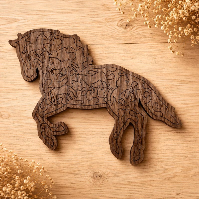Premium walnut plywood horse puzzle with precision laser cut design, horse-themed pieces, puzzle solution graphic, and storage pouch for gifting or display.