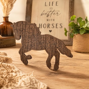 Wooden Horse Puzzle Brain Teaser Adult Game Walnut Plywood Laser Cut Interlocking Pieces Natural Wood Grain Farmhouse Wall Art Rustic Home Accent Equestrian Theme Animal Jigsaw Collection Birthday Gift Horse Enthusiast Unique Cabin Design