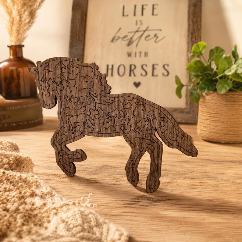 Wooden Horse Puzzle Brain Teaser Adult Game Walnut Plywood Laser Cut Interlocking Pieces Natural Wood Grain Farmhouse Wall Art Rustic Home Accent Equestrian Theme Animal Jigsaw Collection Birthday Gift Horse Enthusiast Unique Cabin Design