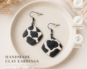 Cow Print Earring Dangle Lightweight Polymer Clay Jewelry Handmade Western Style Boho Farmhouse Women Gift Statement Accessory Teardrop Bar