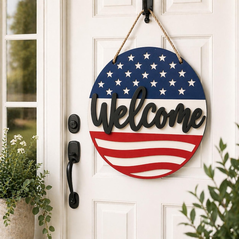 Puede incluir: Cartel de bienvenida redondo de madera con un dise&ntilde;o patri&oacute;tico. La mitad superior es azul con estrellas blancas, la mitad inferior tiene rayas rojas y blancas, y la palabra "Welcome" est&aacute; en escritura negra.
