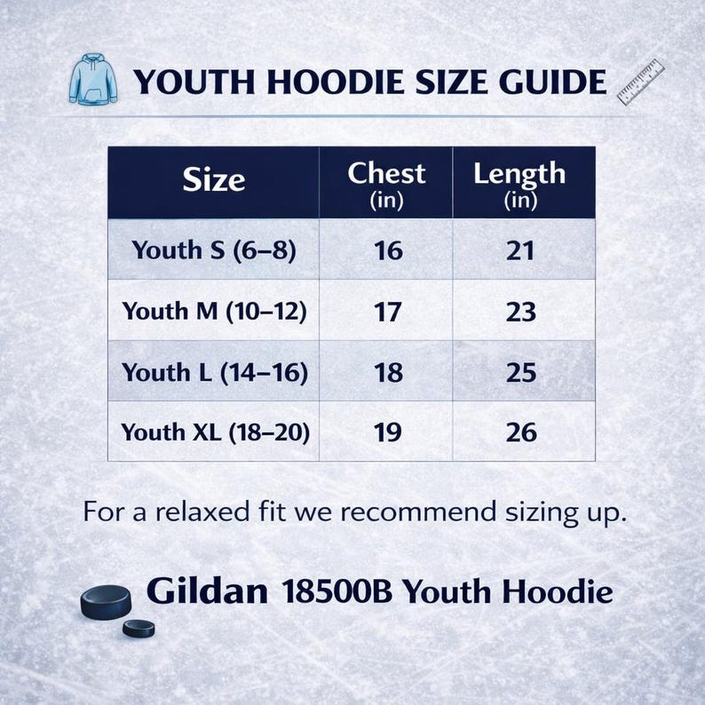 Puede incluir: Una gu&iacute;a de tallas para sudaderas con capucha juveniles, con una tabla azul marino que muestra las medidas de pecho y largo en pulgadas. Tallas desde Youth S (6-8) hasta Youth XL (18-20). Texto: "Gildan 18500B Youth Hoodie".