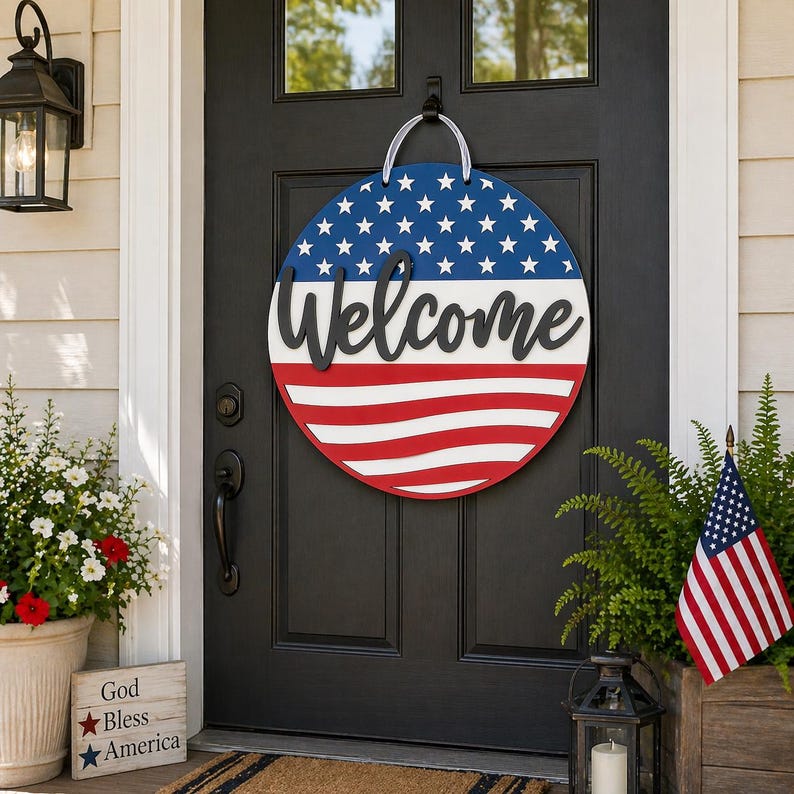 American Flag Wall Hanging Patriotic Door Hanger Round Wooden Welcome Sign Front Porch Farmhouse Display Hand Painted Three Layer Construction Stars Stripes Red White Blue Design Perfect Memorial Day Fourth July Veterans Day Gift Entryway