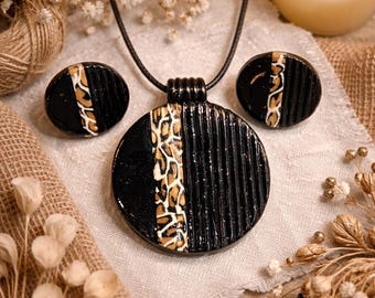Black & Gold Animal Print Abstract Polymer Clay Jewelry Handmade Gift for Her Modern Statement Piece Textured Pattern Pendants and Earrings