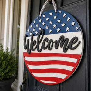 Farmhouse Entryway Sign Patriotic Door Hanger Welcome Display Round Wooden American Flag Wall Hanging Front Porch Americana Hand Painted Three Layer Construction Stars Stripes Red White Blue Perfect Veterans Day Memorial Day Fourth July