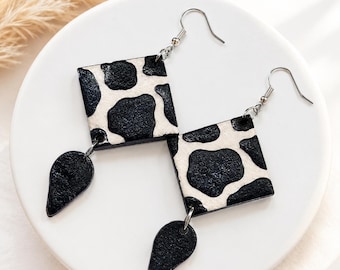 Cow Print Earring Dangle Lightweight Polymer Clay Jewelry Handmade Western Style Boho Farmhouse Women Gift Statement Accessory Teardrop Bar