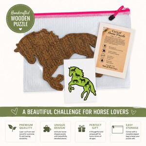 Intricate laser cut horse puzzle crafted from walnut plywood featuring detailed horse silhouettes, reusable zip storage bag, care instructions, and matching solution print.