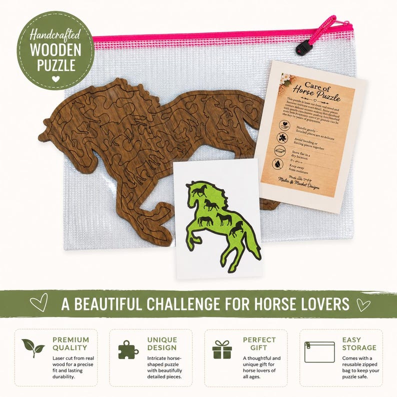 Intricate laser cut horse puzzle crafted from walnut plywood featuring detailed horse silhouettes, reusable zip storage bag, care instructions, and matching solution print.