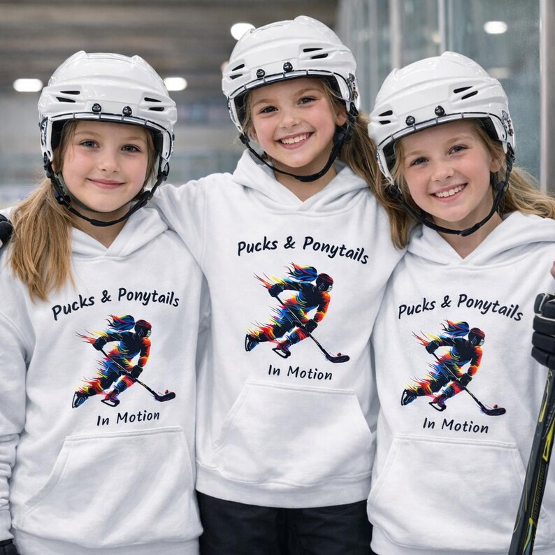 Athletic Gear Hockey Female Shirt Rainbow Colored Design Player Silhouette Graphic Ponytail Style Team Wear Apparel Sports Fashion Statement Hockey Girl Representation Game Day Outfit Fan Clothing Gift Idea Hockey Enthusiast Present