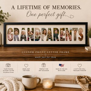 May include: A black rectangular photo frame featuring the word GRANDPARENTS in large cut-out letters, each containing a different child's photograph. The frame is displayed with text reading A LIFETIME OF MEMORIES. One perfect gift. CUSTOM PHOTO LETTER FRAME.