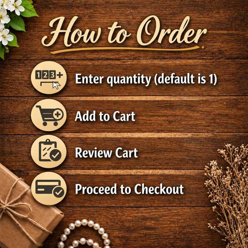 May include: A wooden background with the text "How to Order" in a decorative font. The steps are: enter quantity, add to cart, review cart, and proceed to checkout. Decorative elements include flowers and a wrapped gift.