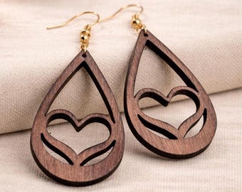 Wood Teardrop Earring Heart Cutout Bohemian Style Minimalist Design Laser Cut Walnut Jewelry Natural Statement Piece Wooden Earrings