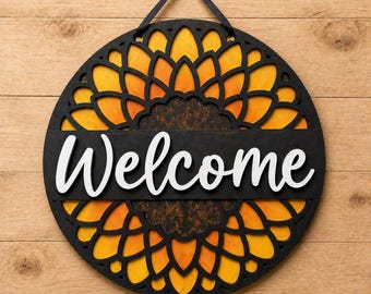 Sunflower Door Hanger Welcome Sign Front Entrance Farmhouse Porch Outdoor Home Yellow Flower Round Wood Rustic Wreath Spring Summer
