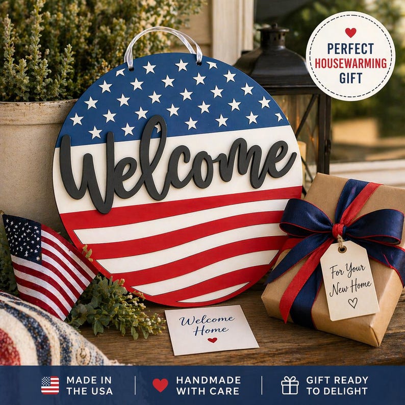 Patriotic Door Hanger Welcome Sign Front Porch Americana Wall Hanging Round Wooden American Flag Design Hand Painted Three Layer Construction Stars Stripes Red White Blue Perfect Memorial Day Fourth July Veterans Day Gift Farmhouse Entryway