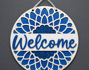 Sunflower Door Hanger Welcome Sign Front Entrance Farmhouse Porch Outdoor Home Yellow Flower Round Wood Rustic Wreath Spring Summer