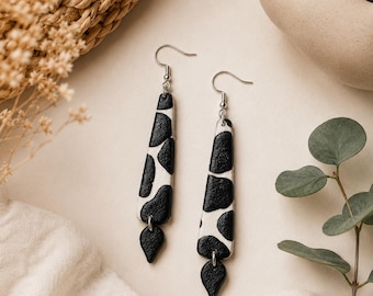 Cow Print Earring Dangle Lightweight Polymer Clay Jewelry Handmade Western Style Boho Farmhouse Women Gift Statement Accessory Teardrop Bar