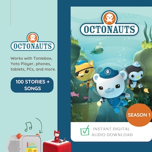 Op de afbeelding: Promotieafbeelding voor "Octonauts" met stripfiguren in een onderwateromgeving. De afbeelding bevat het logo van de show, tekst die compatibiliteit met verschillende apparaten aangeeft en de zin "100 verhalen + liedjes". Het benadrukt ook "Seizoen 1" en "Directe digitale audio download."
