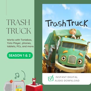以下が含まれることがあります： 「TRASH TRUCK」のプロモーション画像。緑色のカートゥーンのゴミ収集車と「SEASON 1 & 2」の文字が特徴です。画像には「INSTANT DIGITAL AUDIO DOWNLOAD」の文字も含まれています。