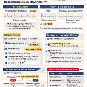以下が含まれることがあります： AHA ACLS試験スタディガイド。リズムの認識、心停止、心停止後のケアに関する医療情報が記載されています。医療専門家向けのフローチャートと薬の投与量が含まれています。試験に合格するためのガイドです。