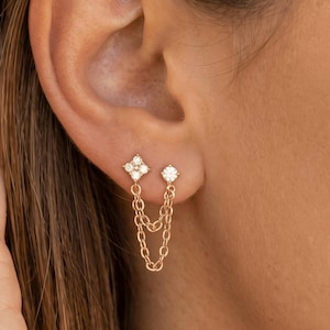 Double Piercing Chain Earrings, CZ Stud Chain Connector Earrings, Dainty Gold Chain Earrings, Two Hole Earrings, Gift for Her