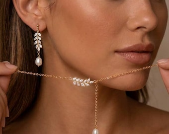 Dainty Pearl Diamond Leaf Earring Necklace Set, Minimalist CZ Marquise Bridal Jewelry, Wedding Gift for Her, Bridesmaid Gift, Gift for Mom