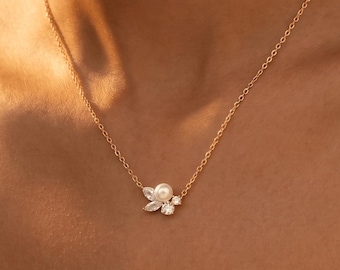 Dainty Pearl Diamond Marquise Cluster Necklace, Minimalist CZ Pearl Bridal Pendant, Delicate Wedding Necklace, Bridesmaid Gift, Gift for Mom