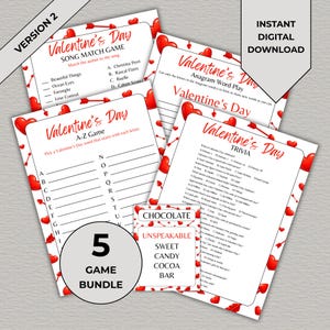 May include: A bundle of five Valentine's Day game printables. Each page has a white background with red heart accents. Games include a song match, A-Z game, anagram word play, and trivia. The bundle includes a small card that says "Chocolate, Unspeakable, Sweet, Candy, Cocoa Bar."