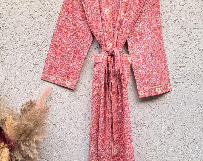 Coral Pink Block Print Cotton Bathrobe | Handmade Floral Kimono Robe | Lightweight Summer Robe | Bridal Getting Ready Outfit | Gift for Her