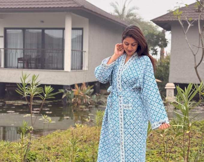 Hand Block Print Waffle Cotton Bathrobe, Lightweight Spa Robe, Natural Dye Kimono Robe, Handmade Unisex Bathrobe, Sustainable Loungewear