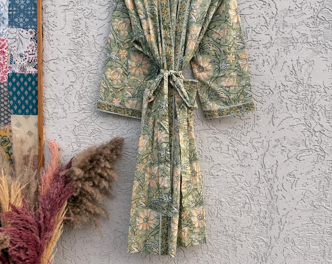 Block Print Cotton Bathrobe | Green Floral Kimono Robe | Handmade Indian Dressing Gown | Lightweight Spa Robe | Soft Cotton Loungewear Gift