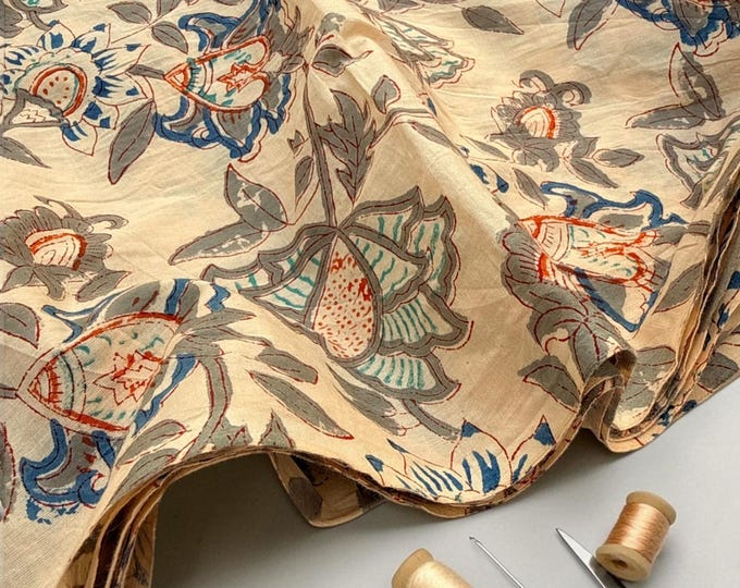 Beige Floral Hand Block Print Cotton Fabric by Yard | Vintage Boho Indian Fabric | Cream Base Blue Rust Grey Floral Textile | Soft Sewing